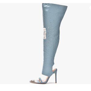 Rhinestone Denim Thigh High Heels